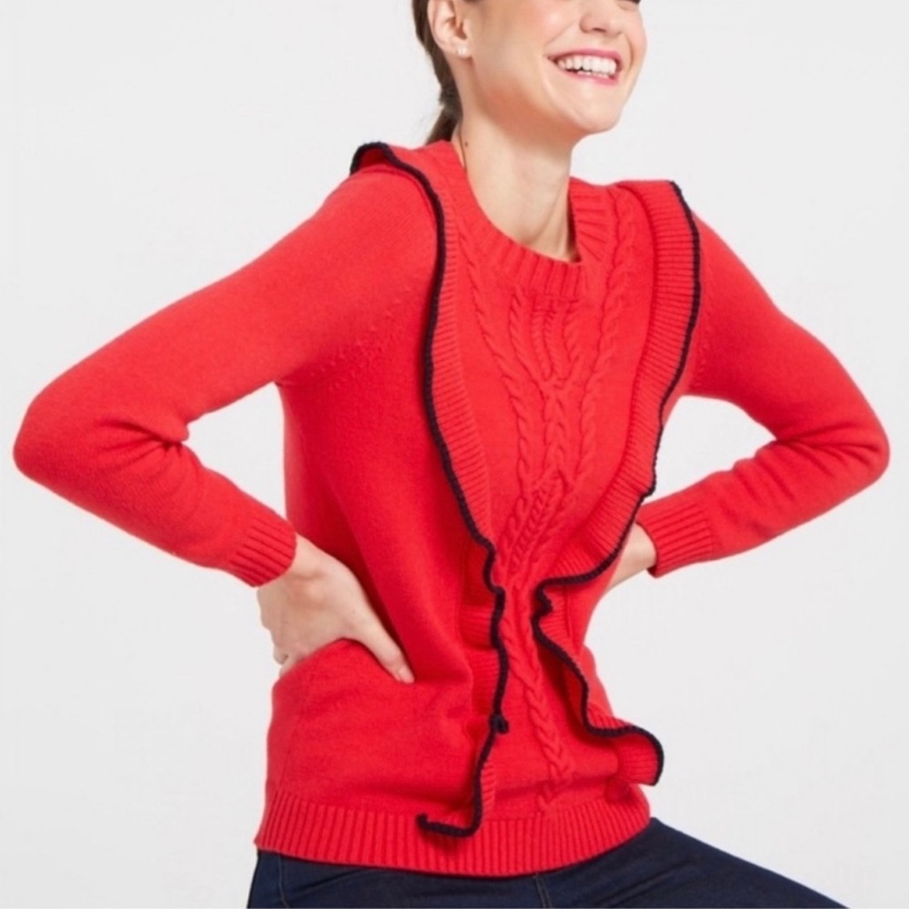 Draper James Red Cable Knit Ruffle Sweater Large